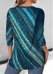 Peacock Blue tops,Ombre tops,Striped tops,Geometric tops,ROTITA Criss Cross Ombre Peacock Blue V Neck T Shirt