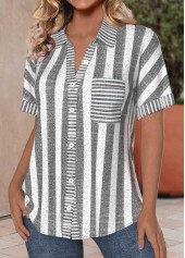 Light Grey Marl tops,White tops,Striped tops,Geometric tops,ROTITA Pocket Striped Light Grey Marl Shirt Collar Blouse
