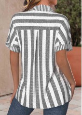 Light Grey Marl tops,White tops,Striped tops,Geometric tops,ROTITA Pocket Striped Light Grey Marl Shirt Collar Blouse