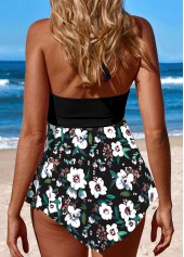 Black swimwear,White swimwear,Floral swimwear,Plants swimwear,ROTITA Patchwork Black Floral Print Swimdress and Panty