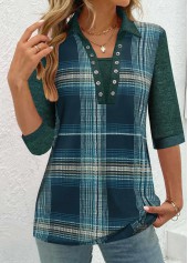 Peacock Blue tops,Green tops,Plaid tops,Striped tops,ROTITA Plus Size Patchwork Peacock Blue Plaid Shirt Collar Blouse