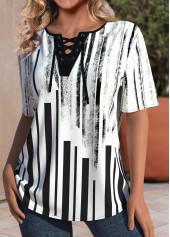 Black tops,White tops,Geometric tops,Striped tops,ROTITA Lace Up Geometric Print Black Short Sleeve T Shirt