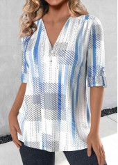Sky Blue tops,White tops,Striped tops,Geometric tops,ROTITA Zipper Striped Sky Blue V Neck 3/4 Sleeve Blouse