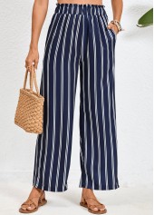 Navy bottoms,White bottoms,Striped bottoms,Geometric bottoms,Double Side Pockets Striped Navy Elastic Waist Pants