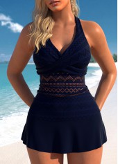 Marineblaues Rotita-Tankini-Set mit V-Ausschnitt und Spitzen-Tankini