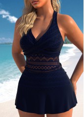 Navy swimwear,Plain Color swimwear,ROTITA V Neck Lace Surplice Navy Tankini Set