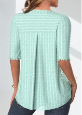 Mint Green tops,Plain Color tops,ROTITA Patchwork Mint Green Split Neck Half Sleeve Blouse