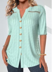 Mint Green tops,Plain Color tops,ROTITA Patchwork Mint Green Split Neck Half Sleeve Blouse