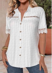 White tops,Plain Color tops,ROTITA Patchwork Button Up White Shirt Collar Thin Blouse