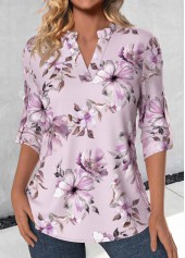 Rotita - Blouse violet clair à col fendu et imprimé floral à volants