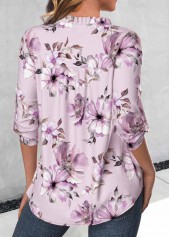 Light Purple tops,Floral tops,Plants tops,ROTITA Frill Floral Print Light Purple Split Neck Blouse