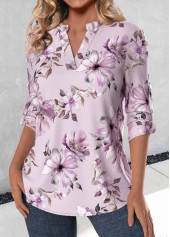 Light Purple tops,Floral tops,Plants tops,ROTITA Frill Floral Print Light Purple Split Neck Blouse