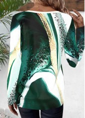 Green tops,White tops,Marble tops,Geometric tops,ROTITA Patchwork Marble Print Green Round Neck T Shirt