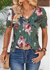 Green tops,Plants tops,Floral tops,ROTITA Tuck Stitch Random Floral Print Green T Shirt