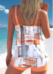 Orange swimwear,White swimwear,Geometric swimwear,Striped swimwear,ROTITA Contrast Binding Orange Geometric Print Tankini Set
