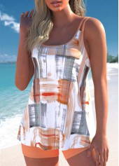 Orange swimwear,White swimwear,Geometric swimwear,Striped swimwear,ROTITA Contrast Binding Orange Geometric Print Tankini Set