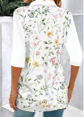 White tops,Floral tops,Plants tops,ROTITA Patchwork Floral Print White Shirt Collar Half Sleeve Blouse