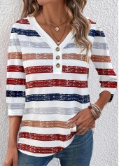 ROTITA Button Multi Stripe Print Red V Neck T Shirt