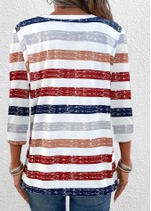Red tops,Striped tops,Geometric tops,ROTITA Button Multi Stripe Print Red V Neck T Shirt