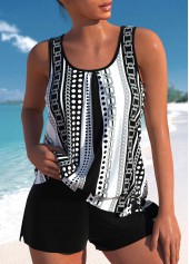 ROTITA Bowknot Black Geometric Print Tankini Set