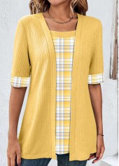 Yellow tops,Plaid tops,Striped tops,Geometric tops,ROTITA Fake 2in1 Plaid Yellow Scoop Neck T Shirt
