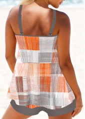 Orange swimwear,Grey swimwear,Geometric swimwear,Striped swimwear,Plaid swimwear,ROTITA Patchwork Orange Geometric Print Tankini Set