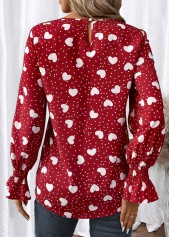 Red tops,Valentine's Day tops,Heart tops,Dot tops,ROTITA Button Valentine's Day Print Red Round Neck Blouse