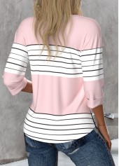Light Pink tops,White tops,Striped tops,Geometric tops,ROTITA Button Striped Light Pink Round Neck 3/4 Sleeve Blouse