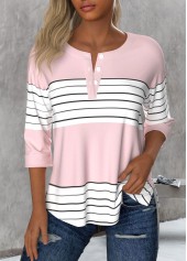 ROTITA Button Striped Light Pink Round Neck 3/4 Sleeve Blouse