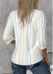 Multi Color tops,Striped tops,Geometric tops,ROTITA Button Striped Multi Color Round Neck 3/4 Sleeve Blouse