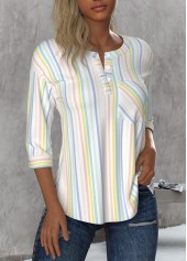 Multi Color tops,Striped tops,Geometric tops,ROTITA Button Striped Multi Color Round Neck 3/4 Sleeve Blouse