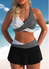 ROTITA Surplice Patchwork Black Striped Bikini Set