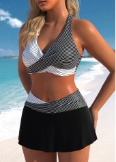 Black swimwear,Striped swimwear,Geometric swimwear,ROTITA Surplice Patchwork Black Striped Bikini Set