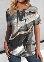 ROTITA Lace Up Marble Print Dark Grey Marl T Shirt