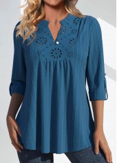 ROTITA Patchwork Peacock Blue Split Neck 3/4 Sleeve Blouse