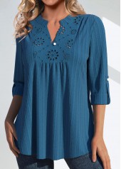 Peacock Blue tops,Plain Color tops,ROTITA Patchwork Peacock Blue Split Neck 3/4 Sleeve Blouse