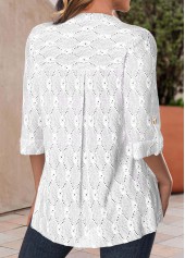 White tops,Plain Color tops,ROTITA Textured Fabric White Split Neck 3/4 Sleeve Blouse