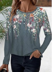 Dusty Blue tops,Floral tops,Plants tops,ROTITA Floral Print Dusty Blue Round Neck T Shirt