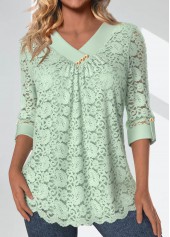 blouse rotita dentelle vert clair col en V manches 3/4