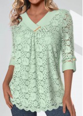Light Green tops,Plain Color tops,ROTITA Lace Light Green V Neck 3/4 Sleeve Blouse