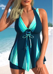 ROTITA Lace Up Peacock Blue Marble Print Tankini Set