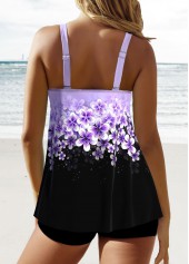 Light Purple swimwear,Black swimwear,Floral swimwear,Plants swimwear,Ombre swimwear,ROTITA Patchwork Light Purple Floral Print Tankini Top
