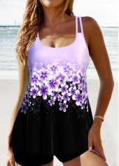 Light Purple swimwear,Black swimwear,Floral swimwear,Plants swimwear,Ombre swimwear,ROTITA Patchwork Light Purple Floral Print Tankini Top