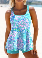 Cyan swimwear,Graphic swimwear,Floral swimwear,Plants swimwear,ROTITA Cyan Double Straps Graffiti Print Tankini Set