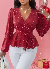 ROTITA Patchwork Heart Print Red V Neck Long Sleeve Blouse