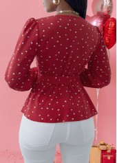 Red tops,Heart tops,ROTITA Patchwork Heart Print Red V Neck Long Sleeve Blouse