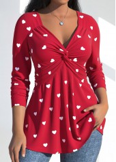 Red plus size,Heart plus size,ROTITA Plus Size Twist Red Heart Print T Shirt