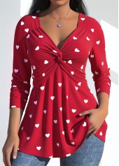 ROTITA Twist Heart Print Red V Neck T Shirt