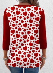 Wine Red tops,White tops,Heart tops,ROTITA Button Heart Print Wine Red T Shirt