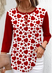 Wine Red tops,White tops,Heart tops,ROTITA Button Heart Print Wine Red T Shirt